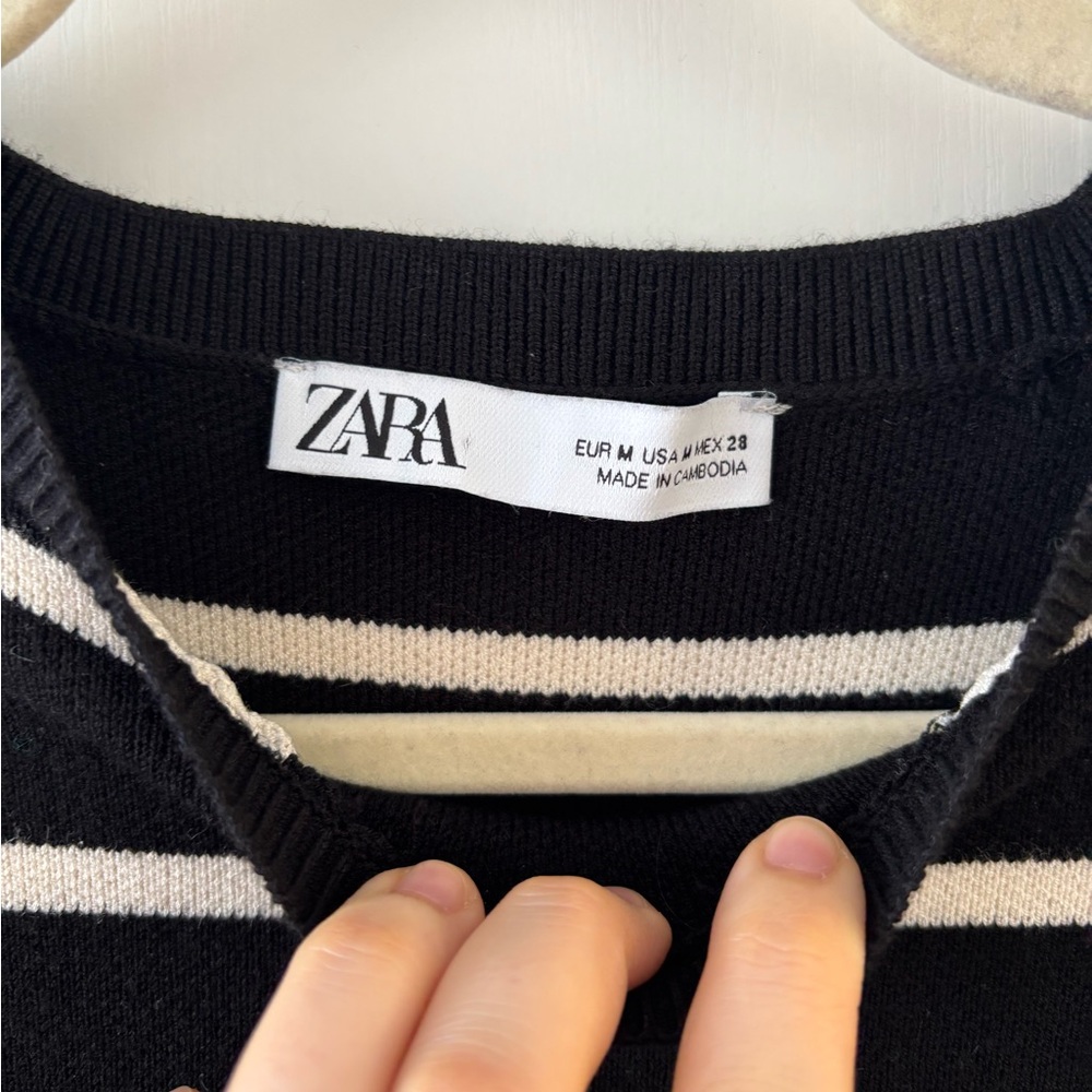Zara Black Cream Striped Heavy Knit Sweater Dress M Minimalist Preppy Midi Soft - Picture 5 of 9